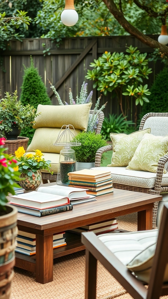 A cozy outdoor reading nook with comfortable seating, a wooden coffee table stacked with books, and decorative plants.