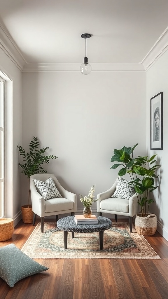 A cozy reading nook with two chairs, a small table, plants, and a warm wooden floor.