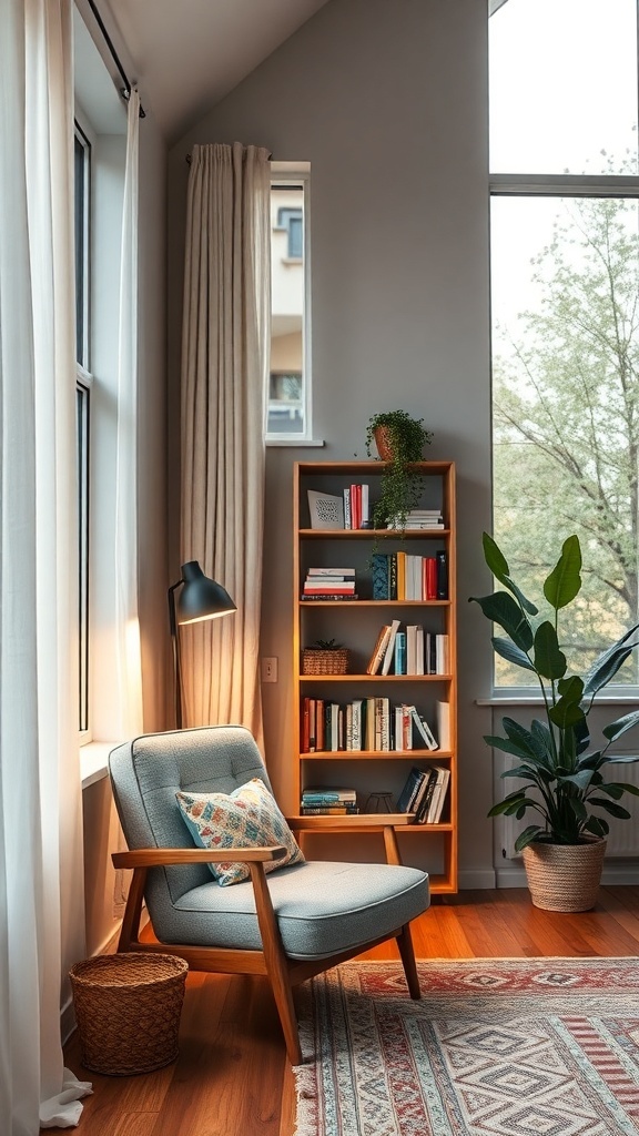 A cozy reading nook featuring a comfortable chair, a bookshelf, and a potted plant, with natural light coming through a large window.