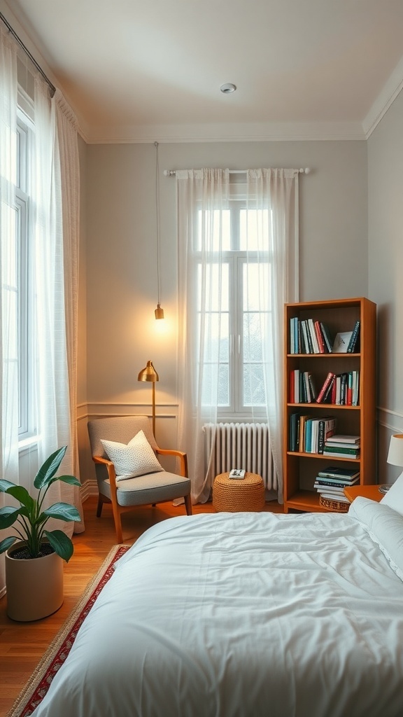 Cozy reading nook in a small bedroom with a chair, lamp, and bookshelf
