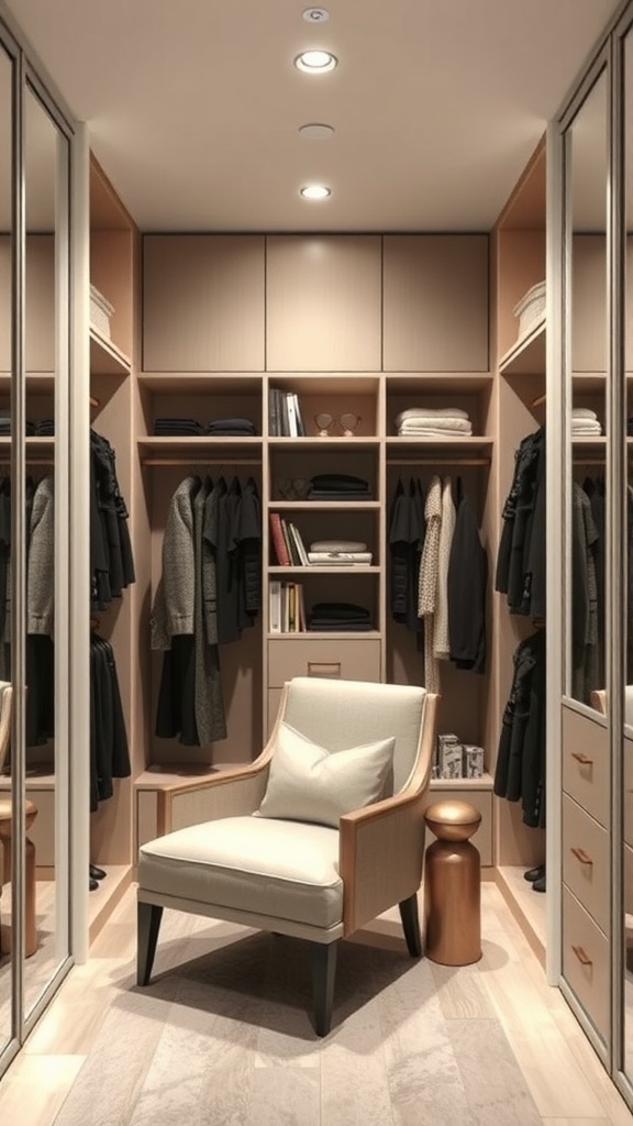 A cozy reading nook in a walk-in closet featuring a comfortable chair and shelves with clothes and books.