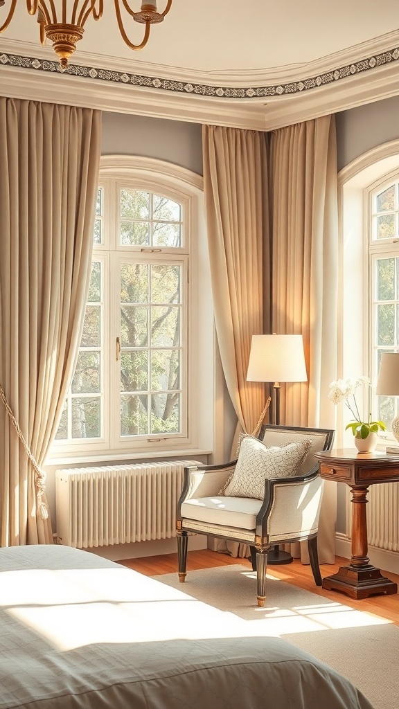 Cozy reading nook in an Art Deco bedroom featuring a comfortable armchair, side table, and natural light from large windows.