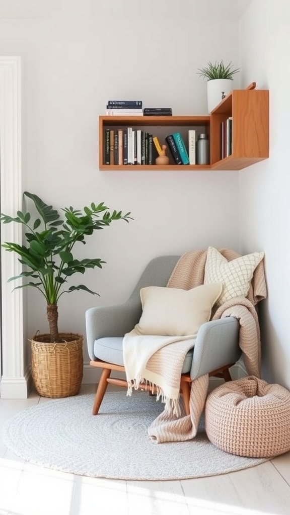 Cozy reading nook with a chair, pillows, blanket, plant, and bookshelf.