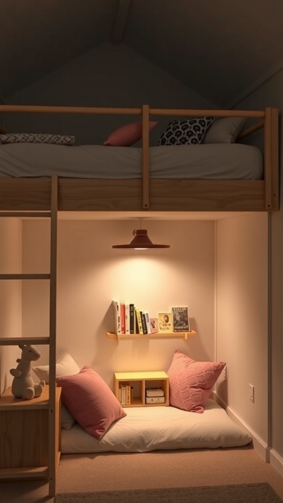 Cozy reading nook under a loft bed with cushions, pillows, and a small bookshelf.