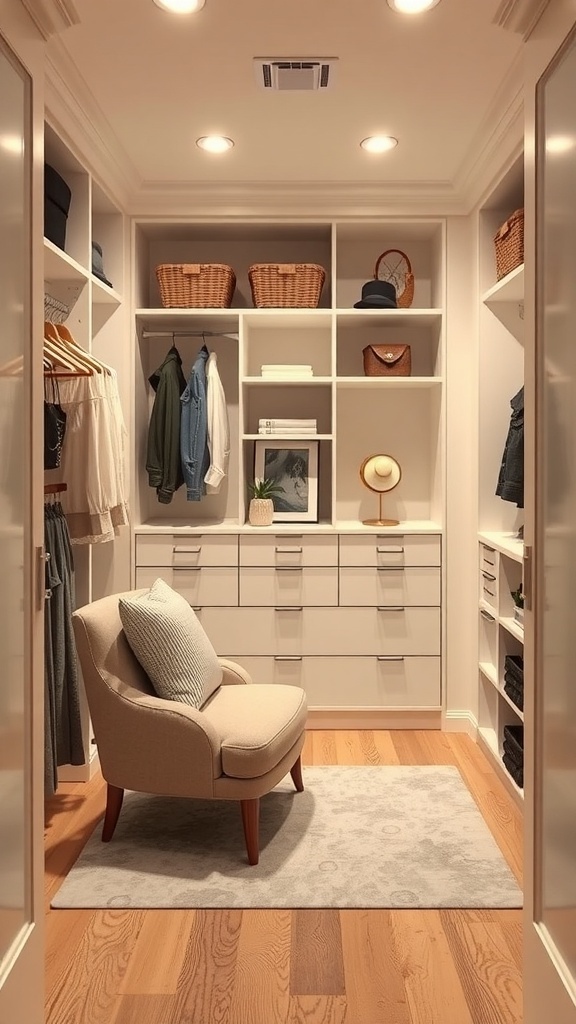 A cozy walk-in closet featuring soft lighting, organized shelves, a comfortable chair, and a warm rug.