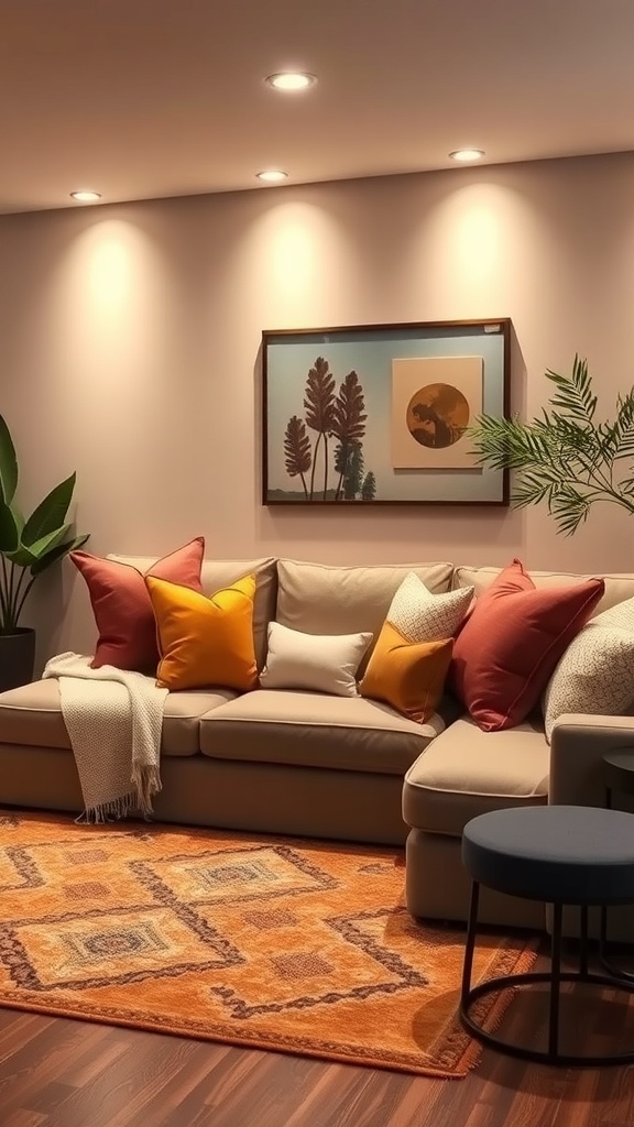 Cozy sunken lounge area with a couch, colorful pillows, and a warm rug.