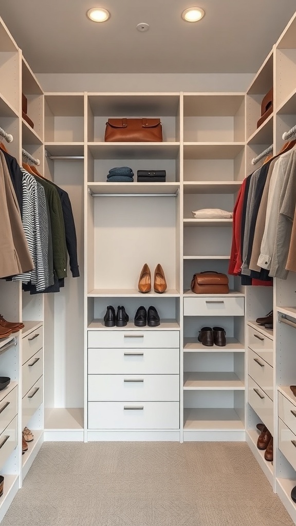 A well-organized walk-in closet featuring adjustable shelves, drawers, and a mix of open and closed storage.