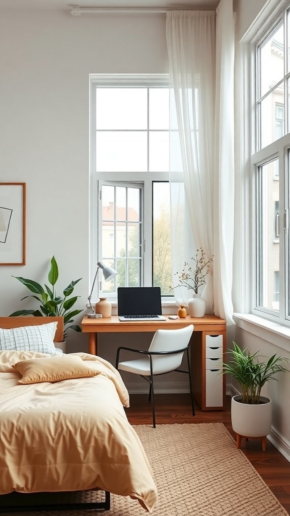 A cozy small bedroom with a desk area for productivity, featuring a computer, plants, and warm decor.