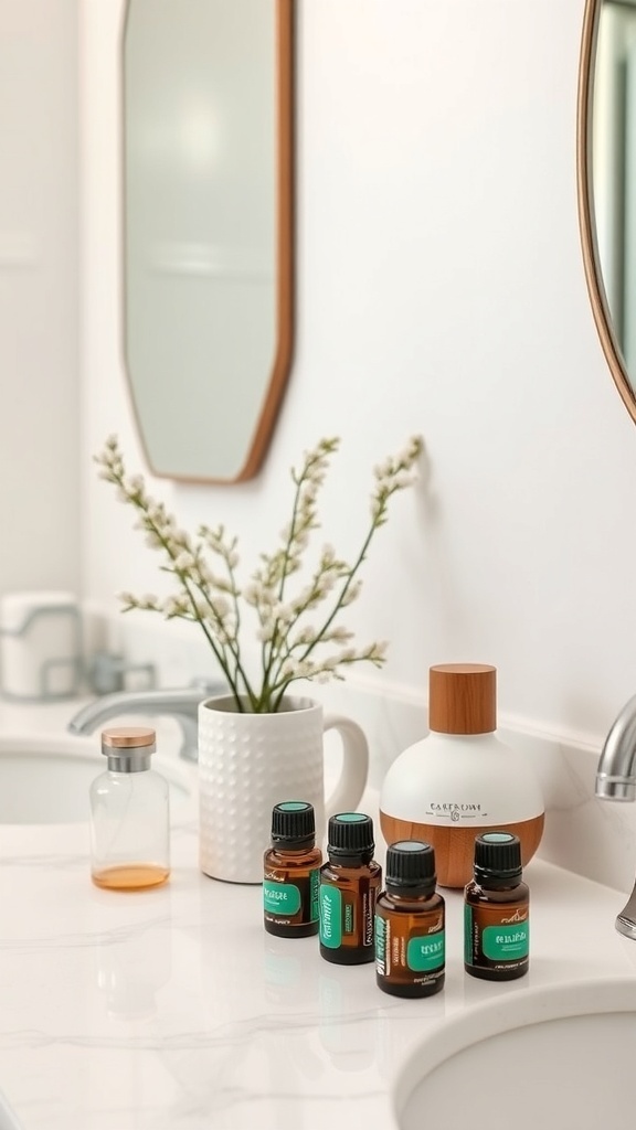 A stylish bathroom counter featuring essential oils, a diffuser, and a small vase with flowers.