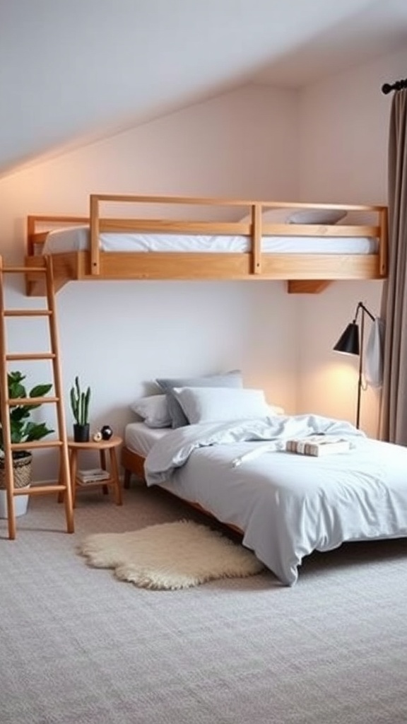 A cozy bedroom featuring a wooden loft bed, a lower bed, and a potted plant, creating a stylish and functional space.
