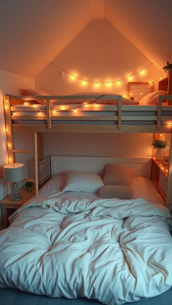 A cozy loft bed setup with string lights and a comfortable lower bed.