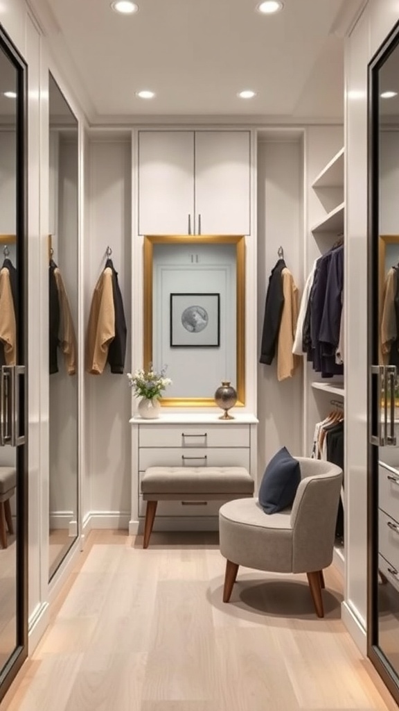 Stylish walk-in closet with a dressing area, featuring a cozy chair, mirrors, and organized storage.