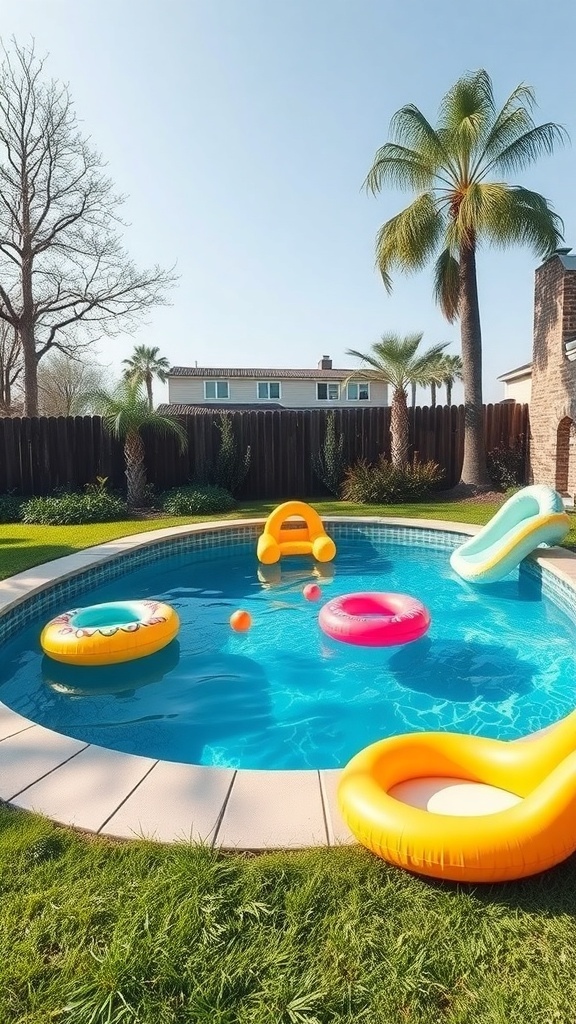 A sunken above ground pool with colorful floats and a slide, surrounded by palm trees and grass.