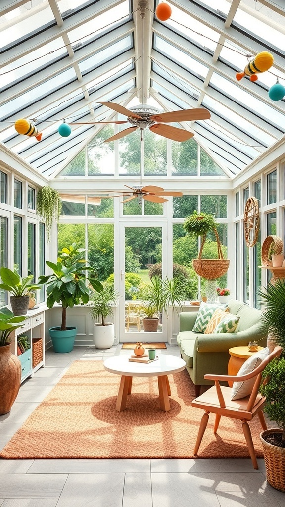 A family-friendly conservatory with children at a table and adults relaxing.