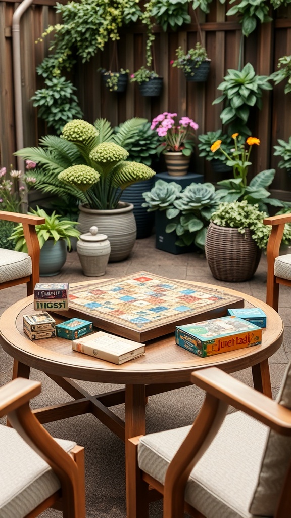 A cozy outdoor game area with a round table, board games, and surrounding plants.