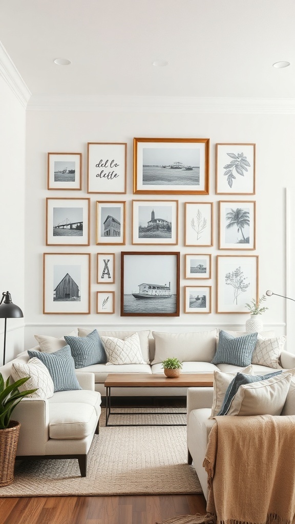 A cozy farmhouse-style gallery wall with a mix of black-and-white framed artwork and a comfortable living room setting.