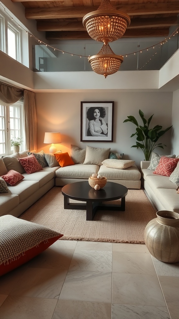 Cozy sunken lounge with a black coffee table, cushions, and soft lighting