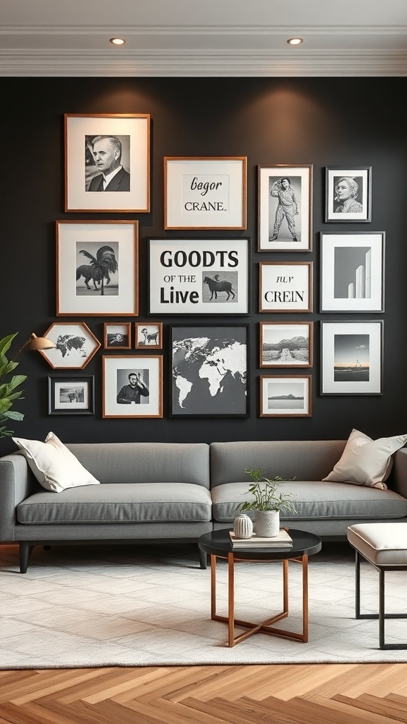 Gallery wall with various framed artworks and photographs on a dark wall.