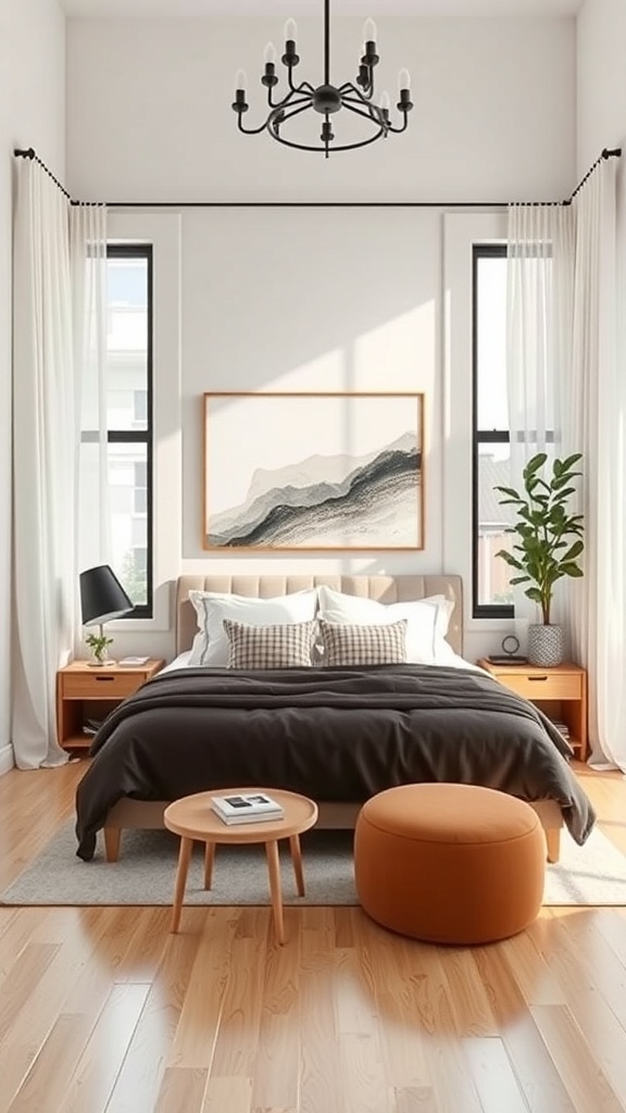 A cozy bedroom featuring a large artwork above the bed, with natural light and warm tones.