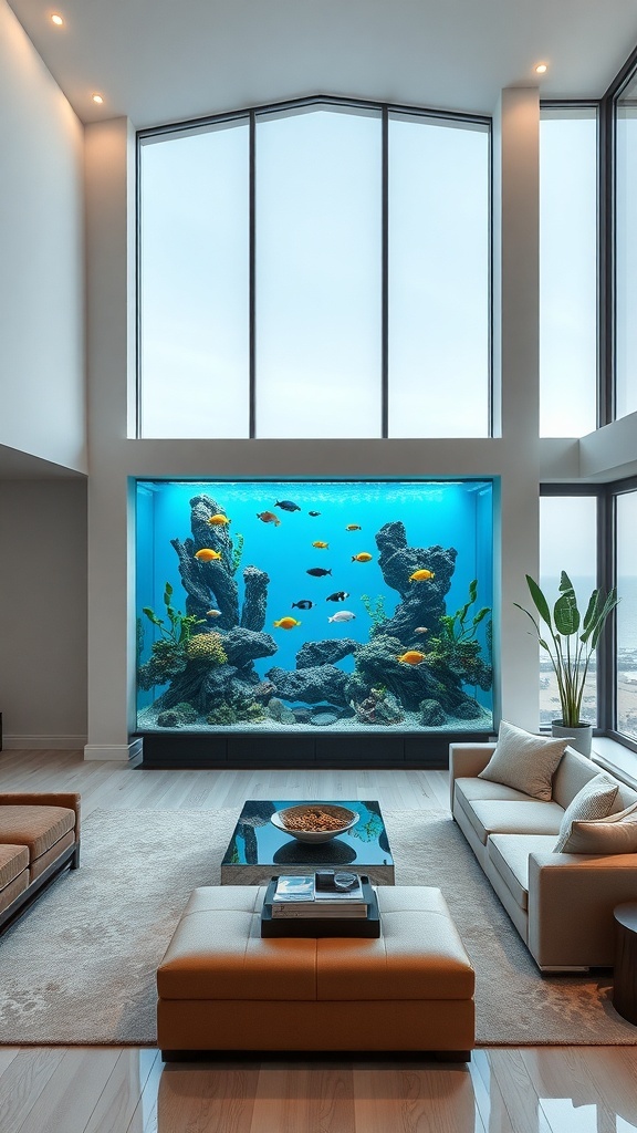 A large aquarium with colorful fish in a modern living room setting.
