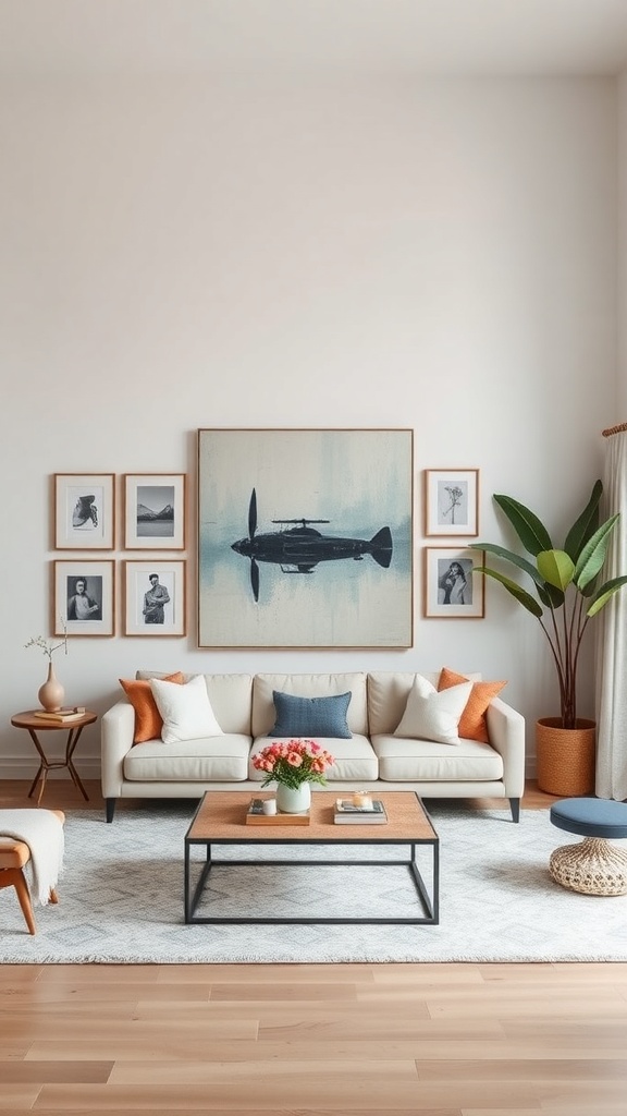 Living room with large aircraft artwork above a sofa, surrounded by smaller framed pictures.