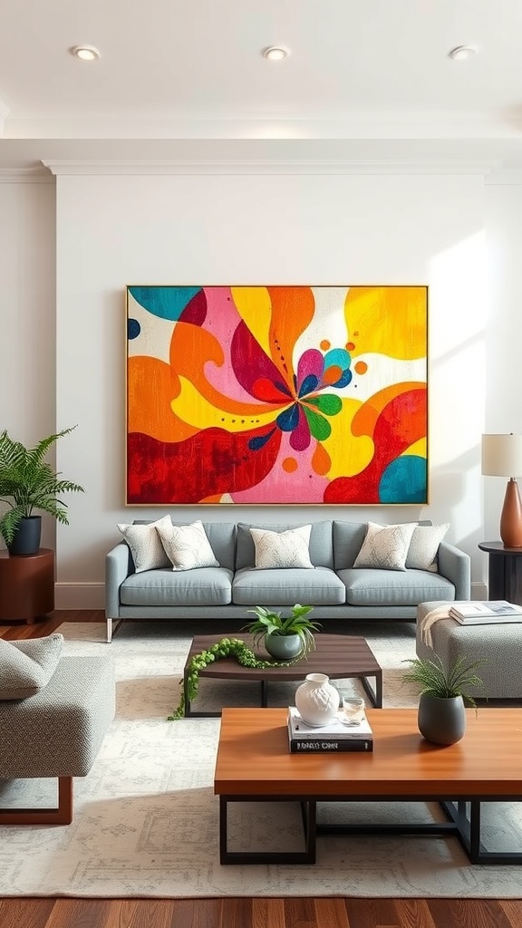 A vibrant large canvas art piece featuring colorful swirls, displayed above a cozy living room sofa.