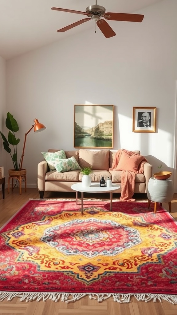 A cozy living room with a colorful rug, sofa, and decorative elements.