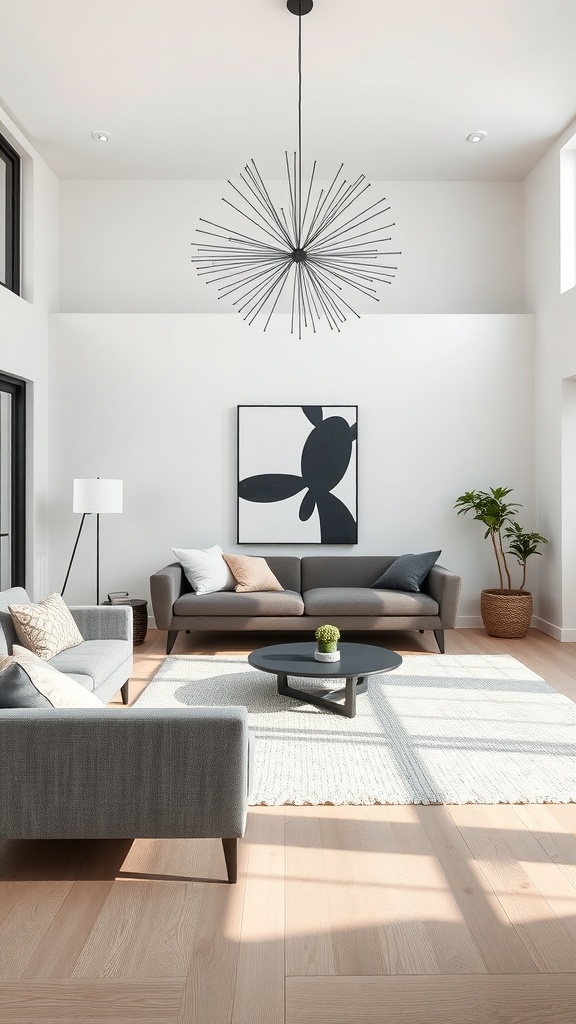 A minimalist Scandinavian living room featuring a unique light fixture, gray sofas, and a round coffee table.