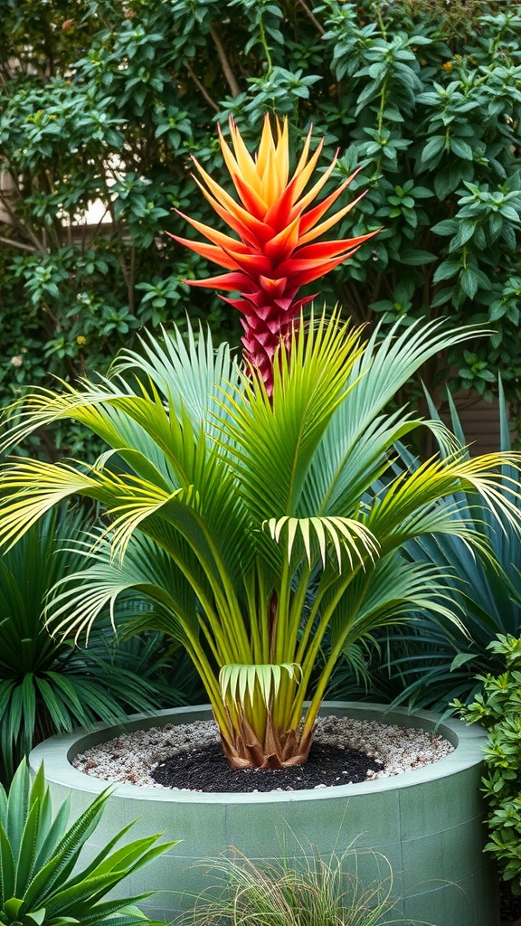 A vibrant statement plant with fiery colors surrounded by lush greenery in a garden.
