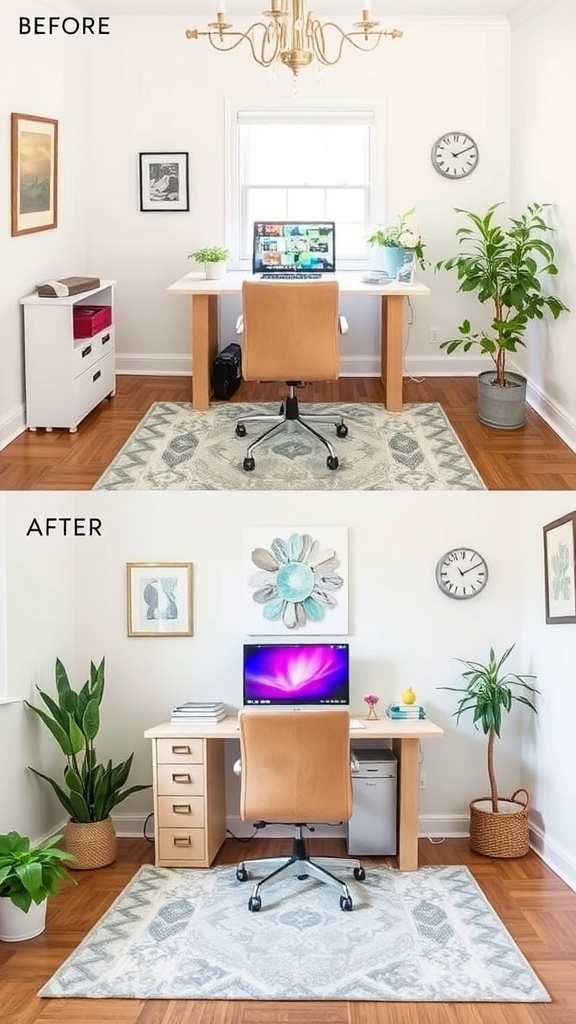 Before and after images of a home office makeover on a budget.