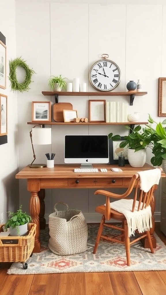 A cozy home office featuring a wooden desk, a classic chair, shelves with plants, and a clock on the wall.