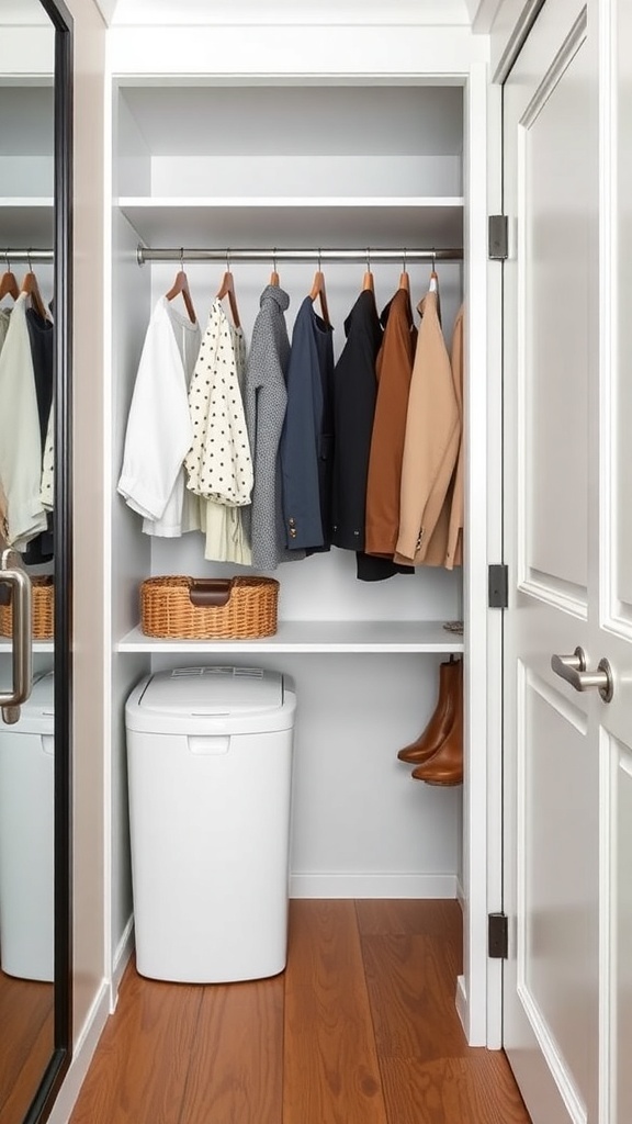 A walk-in closet featuring a laundry hamper area with hanging clothes and a stylish basket on a shelf.