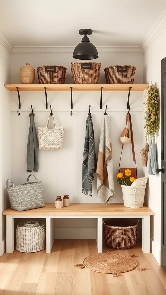 A cozy mudroom featuring a wooden bench, storage baskets, hooks for hanging items, and decorative elements.
