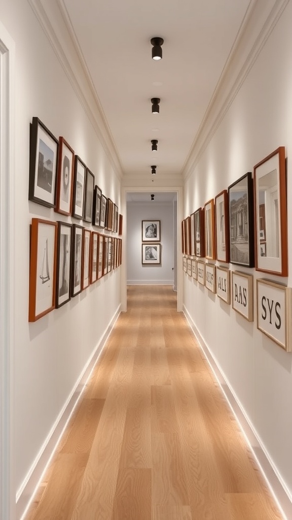 A well-lit gallery hallway with framed art on the walls.