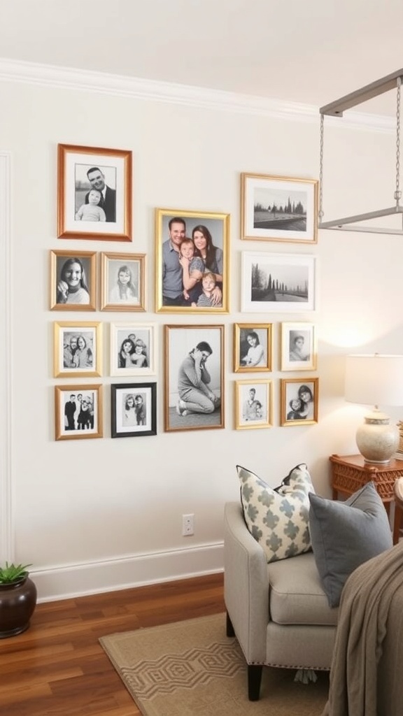 Gallery wall featuring a collection of family photos in various frames