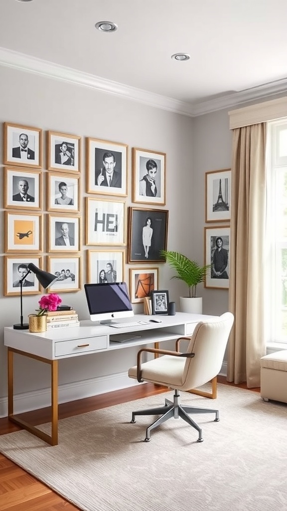 A modern home office featuring a gallery wall with framed black-and-white photos, a stylish desk, and a comfortable chair.