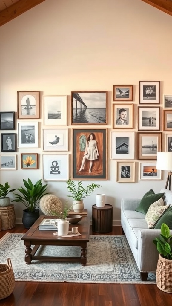A cozy living room featuring a gallery wall with various framed pictures, plants, and a coffee table.
