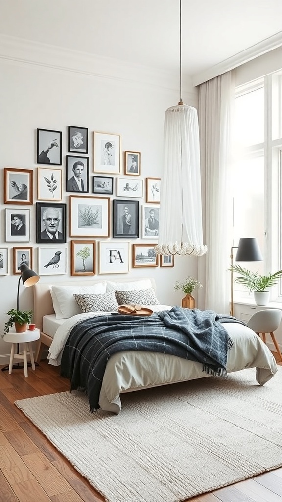 A cozy bedroom featuring a gallery wall with various framed artworks and photographs.