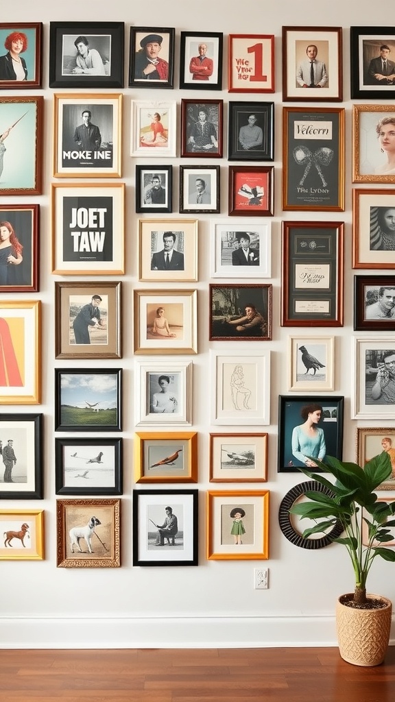 A gallery wall featuring various framed pictures and artworks in different styles and colors.