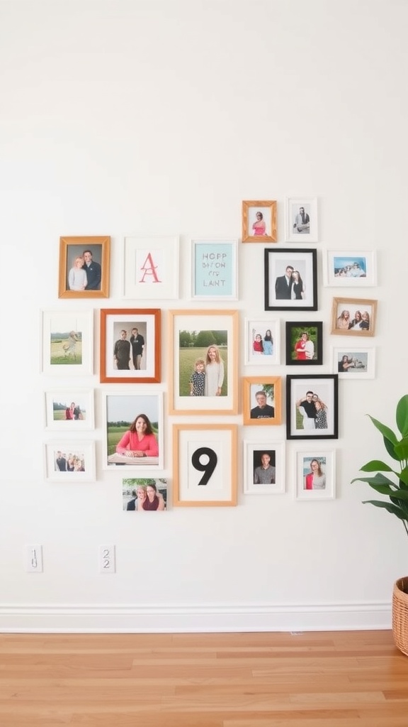 Gallery wall featuring various framed photos and artwork.