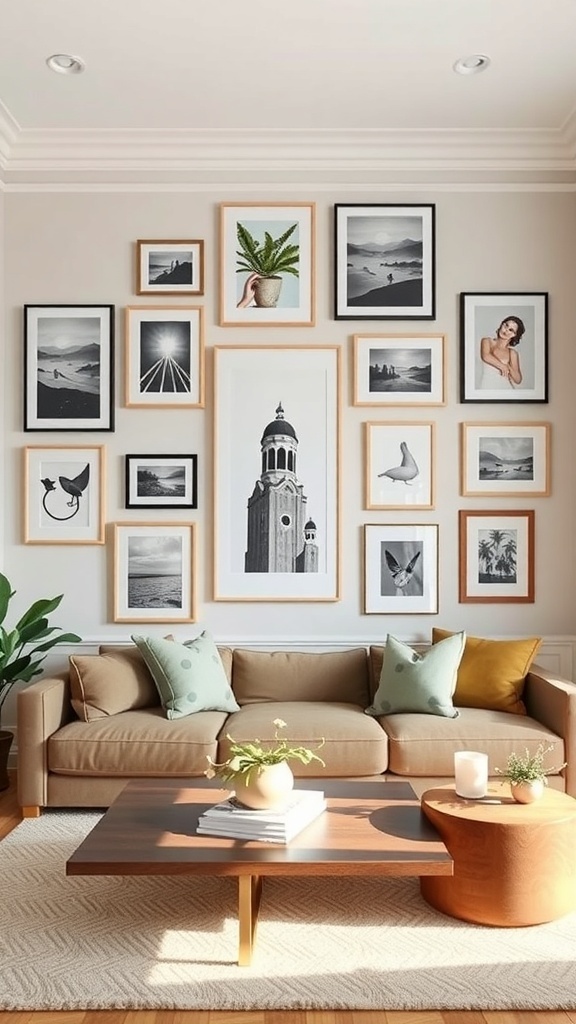 A stylish gallery wall featuring a variety of framed photos in different styles and colors, set above a cozy sofa.