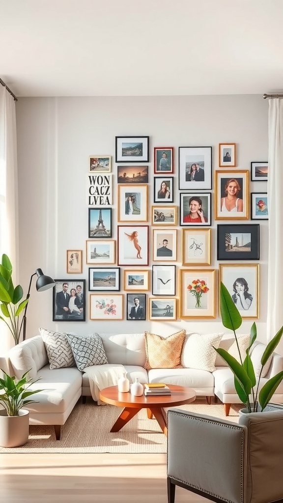A stylish gallery wall featuring a mix of framed photos and artwork in a cozy living room.