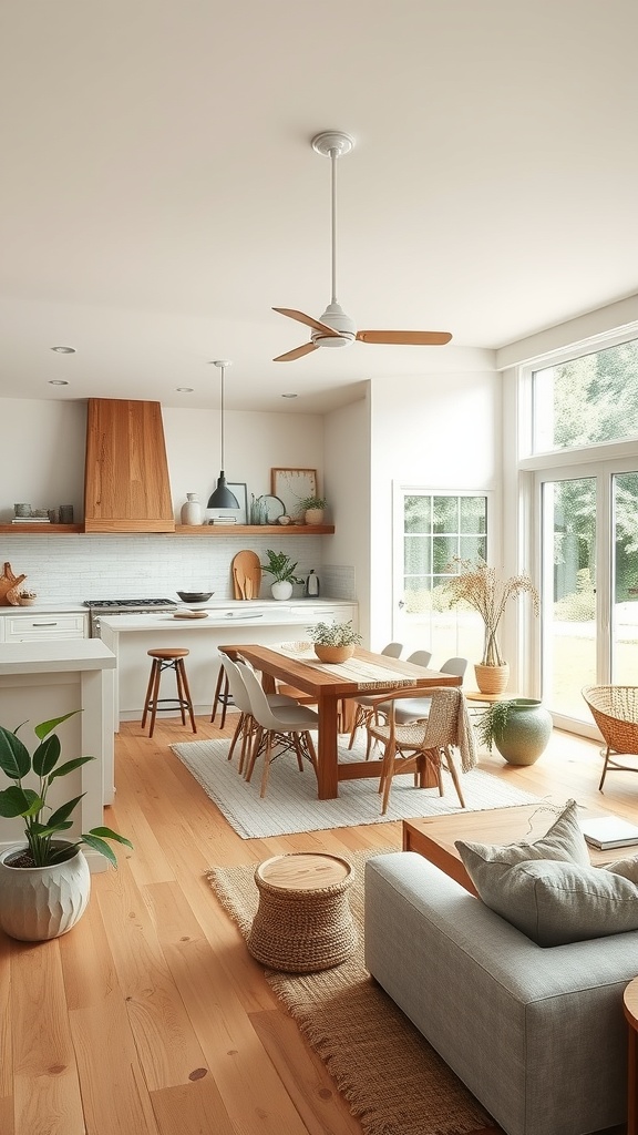 A bright, modern farmhouse interior featuring a dining area and kitchen with wooden accents and plants.