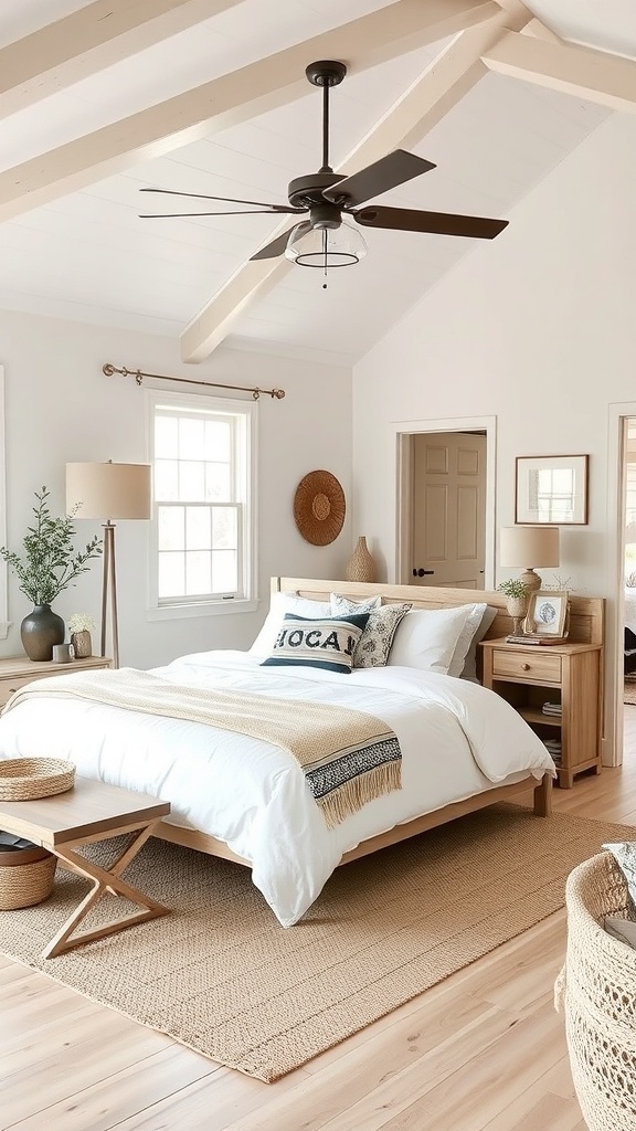 Minimalist farmhouse bedroom with light colors and natural materials.