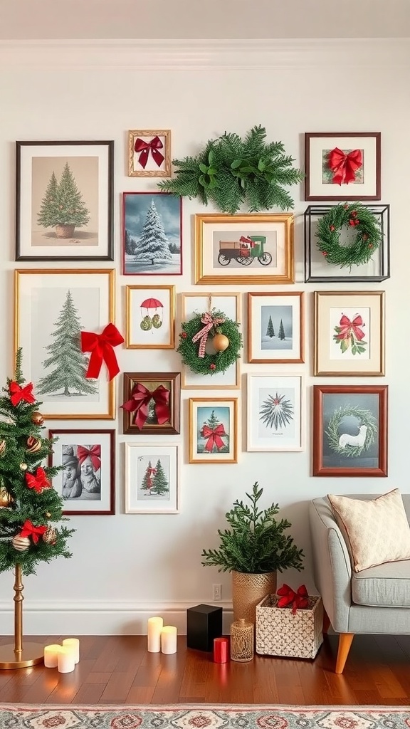 A holiday gallery wall featuring framed art, wreaths, and bows, with a Christmas tree and candles nearby.