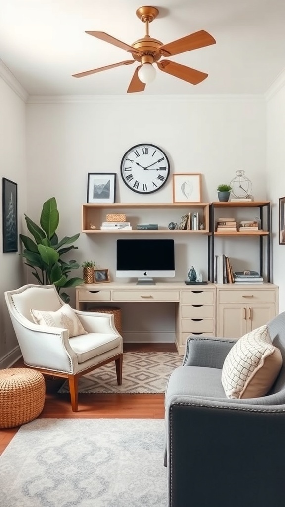 A stylish home office nook featuring a desk, comfortable chair, and decorative elements.