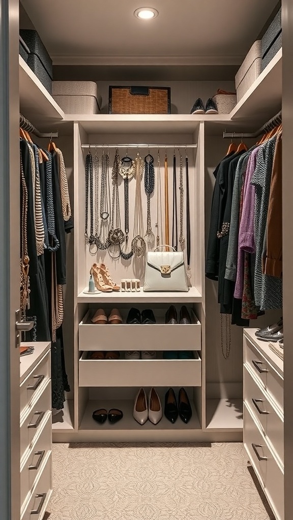 A well-organized jewelry and accessories station in a walk-in closet, featuring hanging necklaces, shoes, and storage boxes.