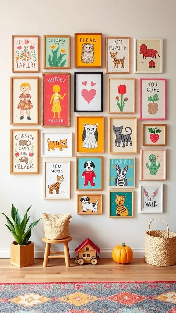 A colorful gallery wall with framed art suitable for kids, featuring animals and playful designs, alongside a small toy house and plants.