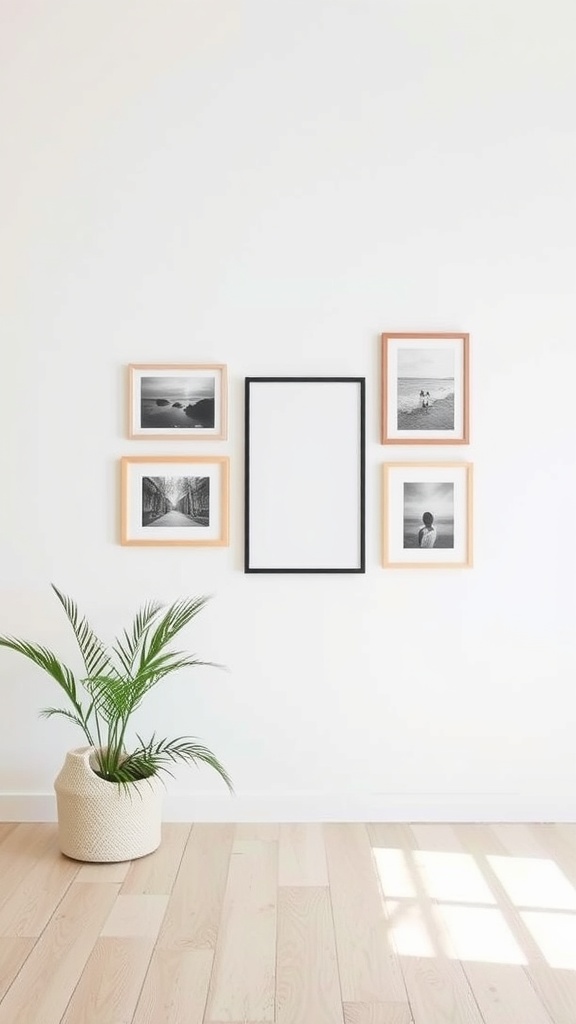 A minimalist gallery wall featuring framed black-and-white photos and a potted plant.