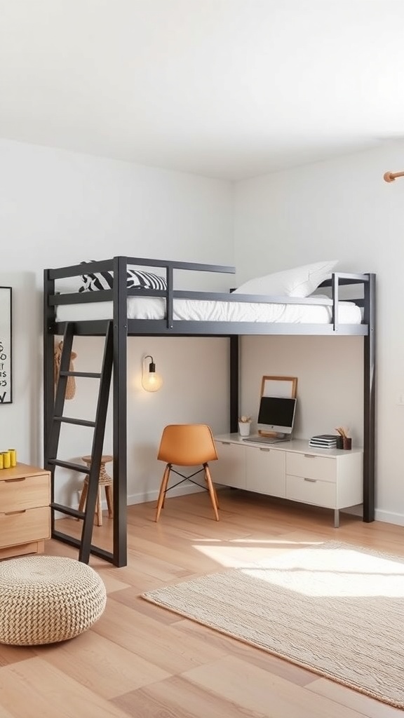 A minimalist loft bed design featuring a black frame, workspace underneath, and a cozy atmosphere.
